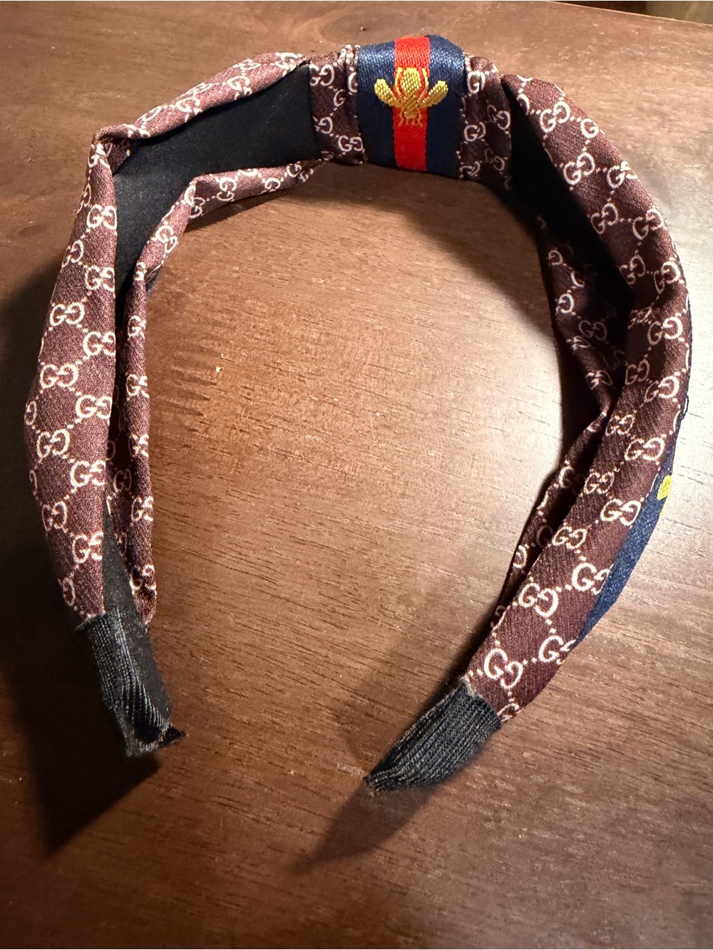 Brown Monogram Headband with Navy and Red Stripe Accent